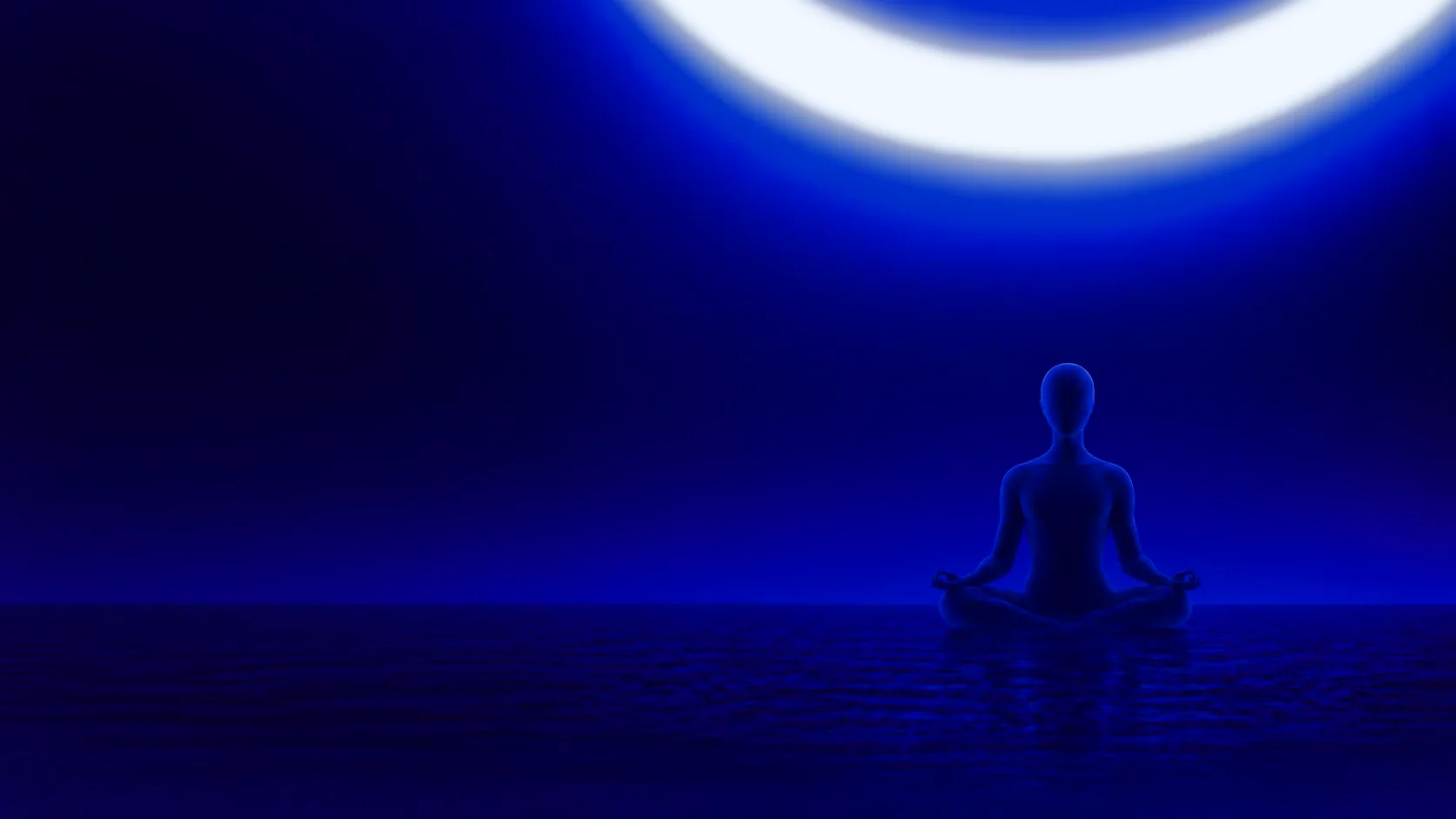 A figure meditates on still water beneath a ring of light