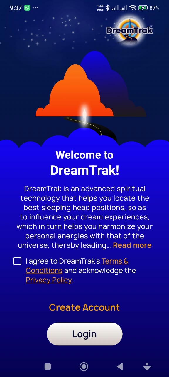 DreamTrak welcome screen with its original artwork, introduction and sign-in options